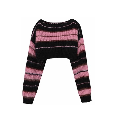 QADCOL Áo sweater Dệt Kim Tay Ngắn Dáng Rộng Họa Tiết Kẻ Sọc Thời Trang Hàn Quốc Cho Nữ