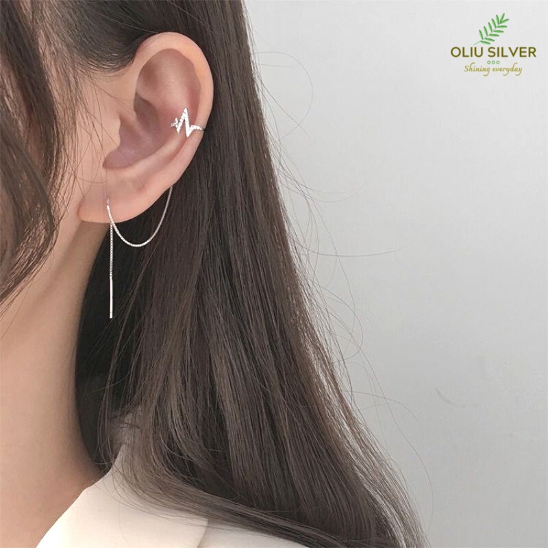Bông Tai Bạc S925 Ear Cuff Kẹp Vành Nhịp Tim Sợi Thả Trẻ Trung Cá Tính | Khuyên Tai Nữ Trang Sức Bạc Thời Trang