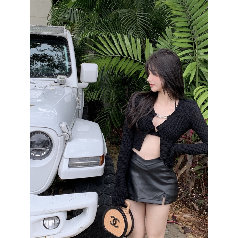Set Áo Cardigan Ngắn Tay Dài + Chân Váy Xẻ Tà Thời Trang Cho Nữ