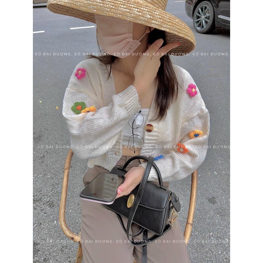 Áo khoác len nữ tay dài 2 nút phối hoa