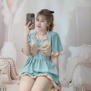 Bộ ngủ pyjama tiểu thư nơ cổ vuông,kate lụa