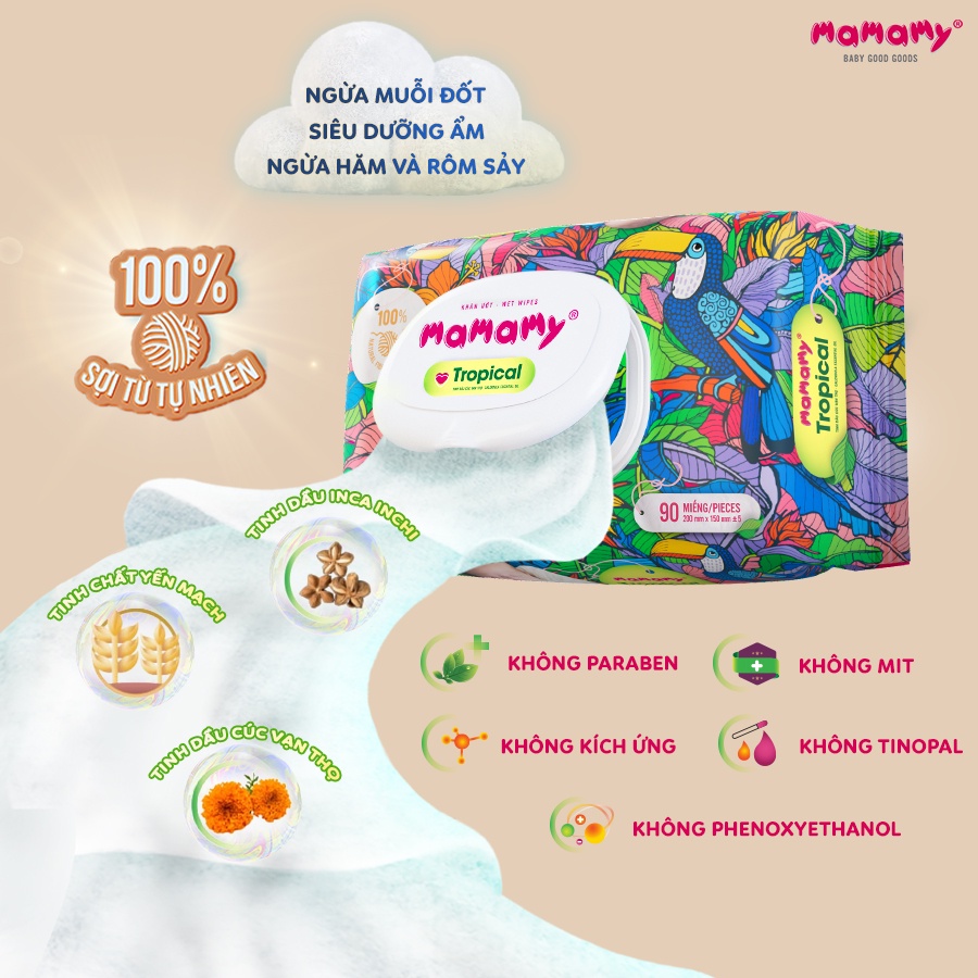 Khăn ướt Mamamy Tropical Premium tinh dầu cúc vạn thọ/ không mùi, có nắp 90 tờ