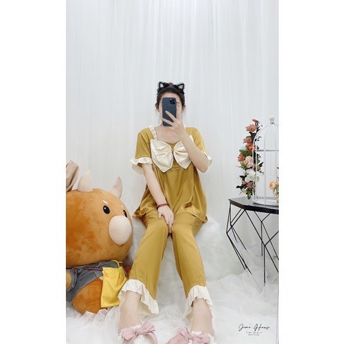 Đồ Ngủ Pijama Nữ,Đồ Bộ Nữ,tiểu thư phối màu nơ cổ vuông quần dài-áo tay ngắn