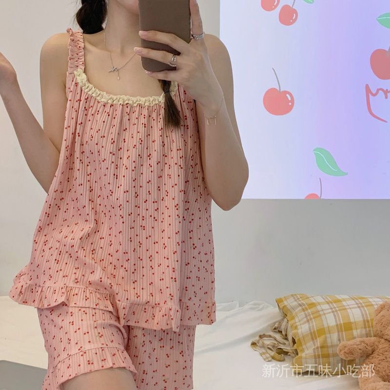 Bộ Đồ Ngủ Áo Hai Dây Phối Quần Short Mỏng Thời Trang Mùa Hè Cho Nữ