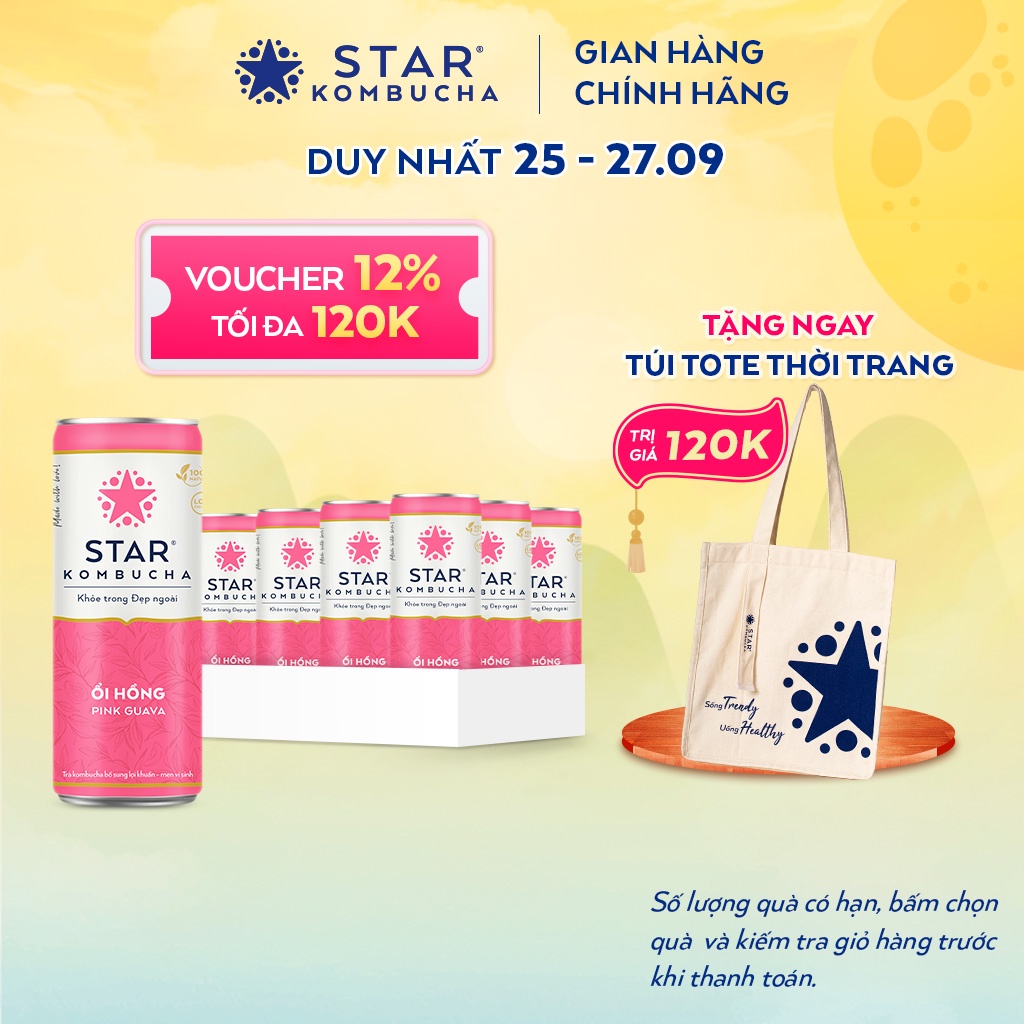 Thùng 12 lon STAR KOMBUCHA Ổi Hồng / Pink Guava (250ml/lon) - Trà lên men vi sinh chứa probiotics bảo vệ sức khoẻ