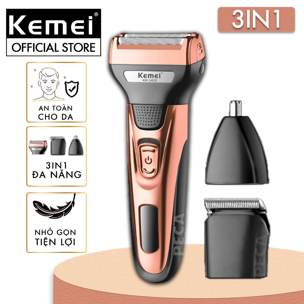 Máy cạo râu đa năng 3in1 Kemei KM-1429 nhiều đầu thay thế cạo râu cắt tóc tỉa lông mũi cạo khô và ướt - Hàng chính hãng