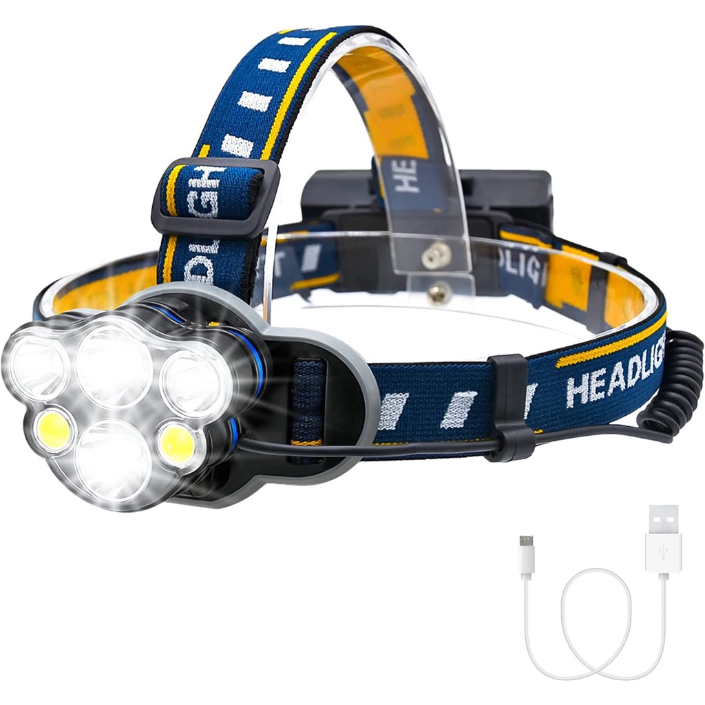 Đèn Pin Đội Đầu có thể sạc lại Đèn pha sáng 1000LM với 6 đèn LED 8 chế độ ánh sáng, Đèn pin chống nước với ánh sáng đỏ cho Cắm trại ngoài trời, Đi bộ đường dài, Đi phượt, Chạy bộ