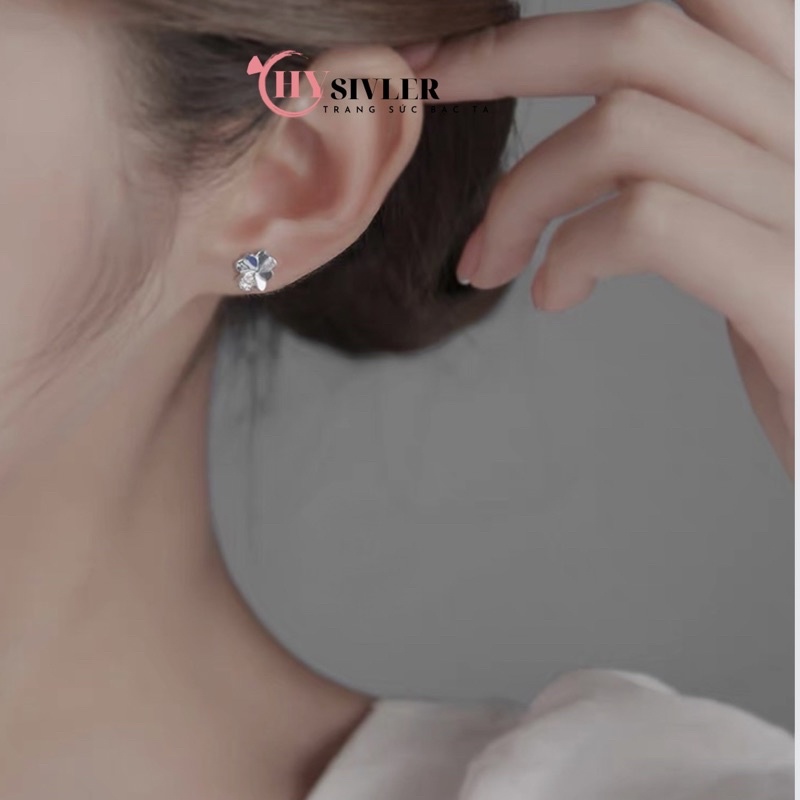 Bông tai bạc ta cỏ 4 lá may mắn đính đá bông tai hoa 4 cánh bông tai nữ bạc thật giá rẻ CHY SILVER