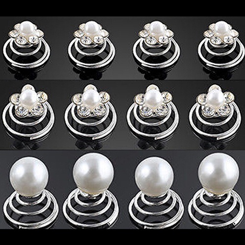 Set 12 kẹp tóc dạng xoắn ốc đính đá và ngọc trai trang trí thanh lịch cho cô dâu