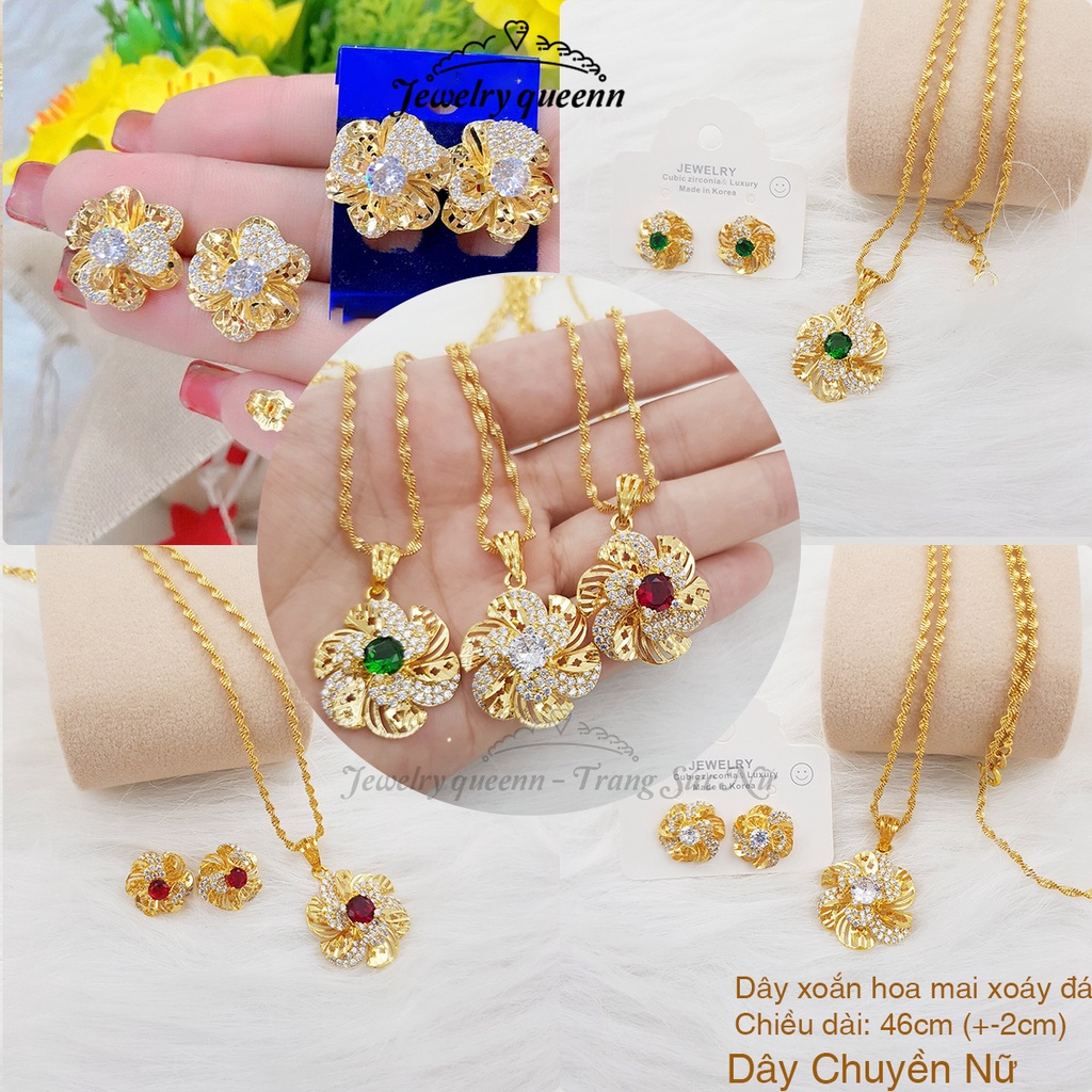 Dây Chuyền Hoa Mai Đá, Bông Tai Nữ Hoa Mai Mạ Vàng Có Gắn Đá Tròn To, Vòng Cổ Xoắn Sang Trọng