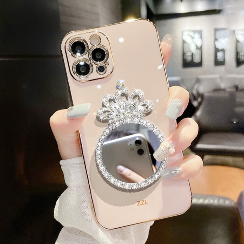 Ốp Điện Thoại Vuông Mềm Mạ Gương Đính Kim Cương Hình Vương Miện Cho iPhone 14 13 12 Pro Max 13 12 mini iPhone 14 Plus