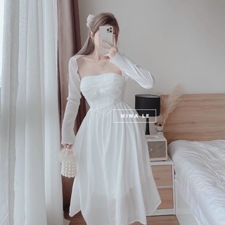 Đầm trắng tay dài đính nút,váy bố nữ trắng xinh cho bạn gái đi làm đi tiệc siêu xinh