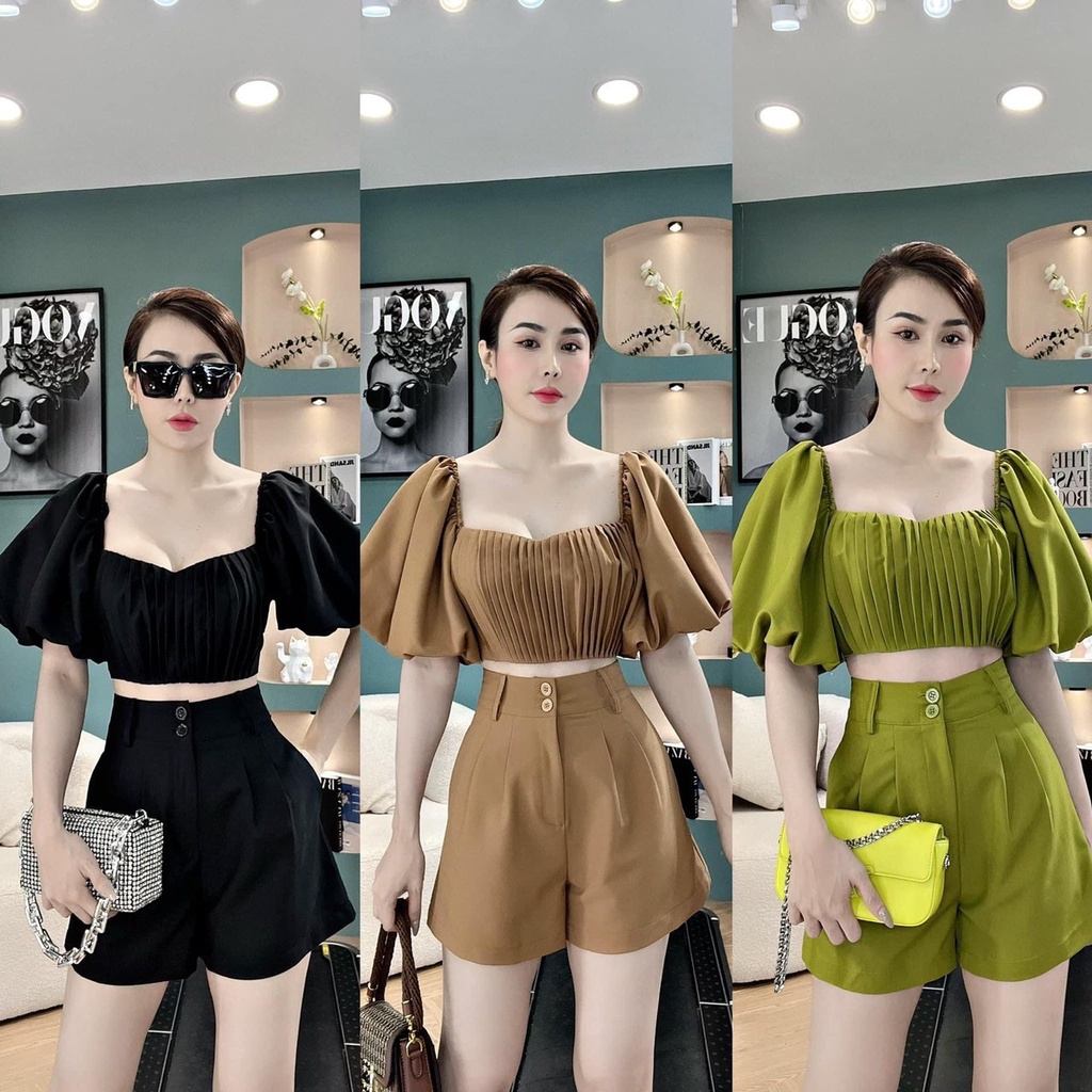 sét bộ đi chơi Áo Croptop cổ vuông xếp ly tay phồng dáng nhỏ dễ thương phối quần lưng cao xinh xắn phong cách trẻ trung