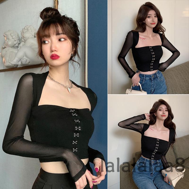 Áo Thun Lửng Tay Dài Phối Lưới Xuyên Thấu Phong Cách Cổ Điển Dành Cho Nữ LAA8