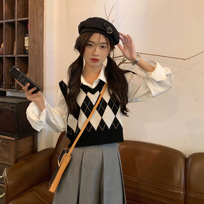 Áo dệt kim sát nách XINLANYASHE họa tiết hình thoi thời trang cho nữ áo len cổ trái tim nữ