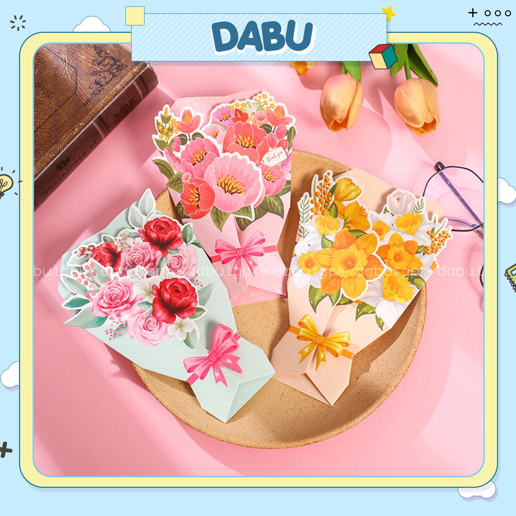 Thiệp quà tặng bó hoa 3 mẫu DABU kèm bao thư quà tặng 20/10 quà tặng 20/11 quà tặng 8/3