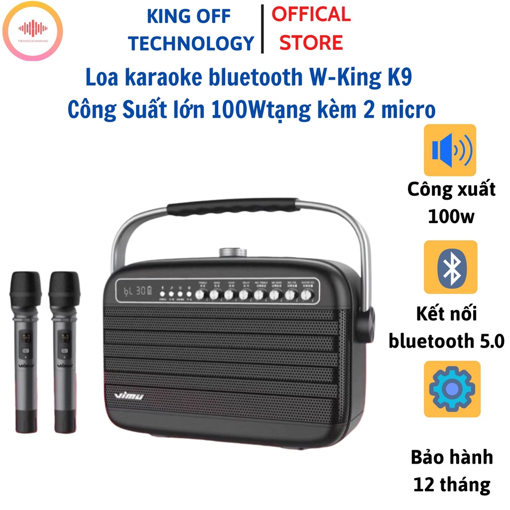 Loa bluetooth K9 WKing, Loa kéo hát karaoke Công Suất lớn 100W tặng kèm 2 micro, chất lượng âm thanh tuyệt đỉnh