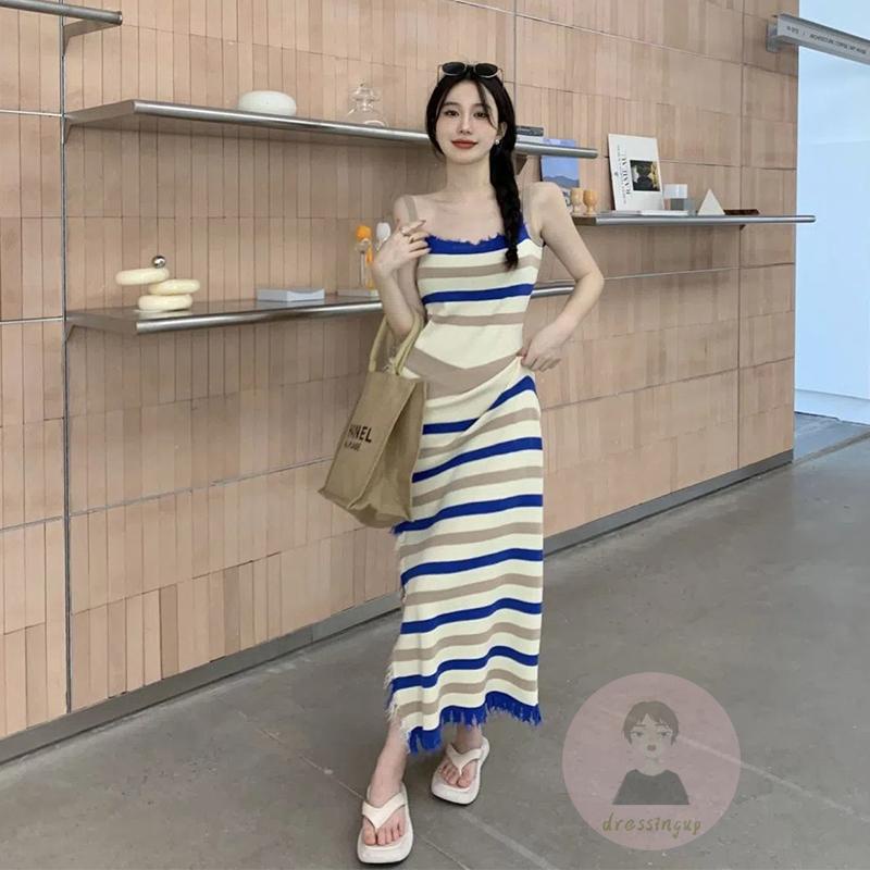 Đầm Dài Không Tay Họa Tiết Sọc Thời Trang Cho Nữ