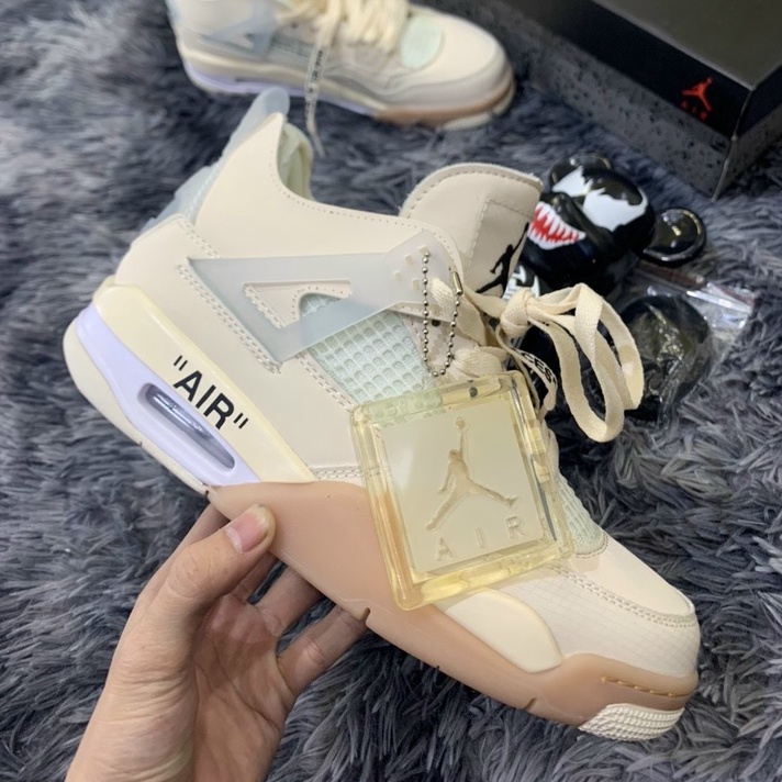Giày Sneaker Cổ Cao Air Jordan 4 Retro High Off White , Giày JD4 Màu Trắng Kem Hàng Chuẩn Full Size