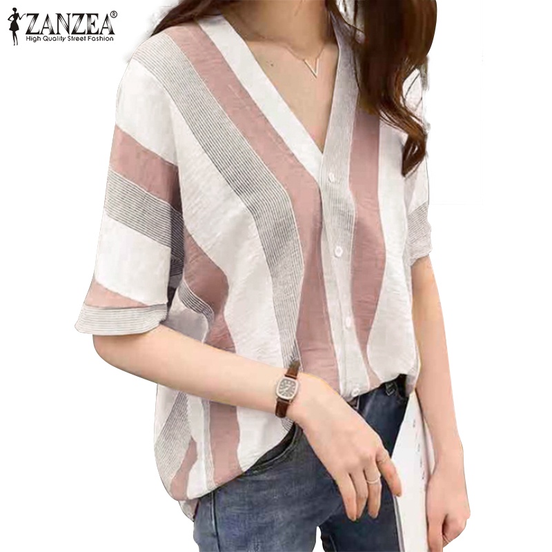 Áo sơ mi ZANZEA tay lửng cổ chữ V họa tiết sọc thời trang dành cho nữ