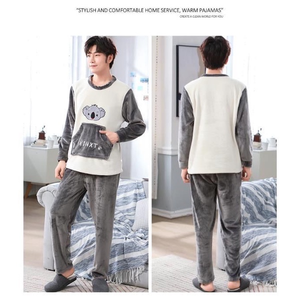 Bộ Đồ Ngủ Tay Dài Vải Flannel Phối Nhung Dày Ấm Áp Thời Trang Cho Nam