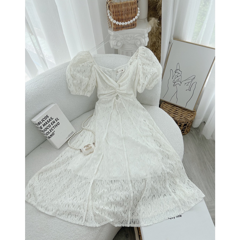 ĐẦM MIDI TRẮNG CUT OUT BỤNG XOĂN REN HOA