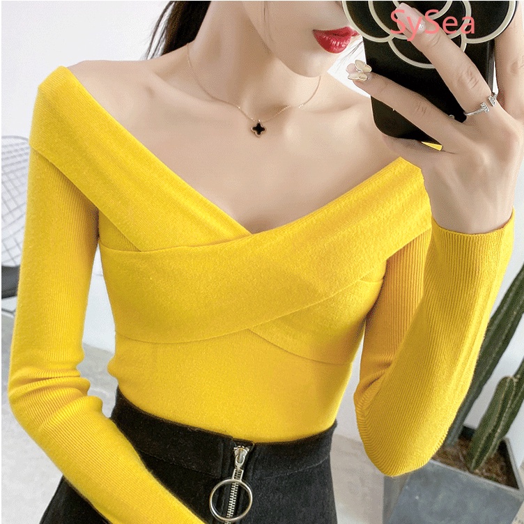Áo Croptop Dệt Kim Cổ Chữ V Màu Sắc Đơn Giản Quyến Rũ Cho Nữ