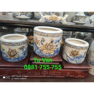 Bát hương thờ cúng men rạn đắp nổi hoa sen_