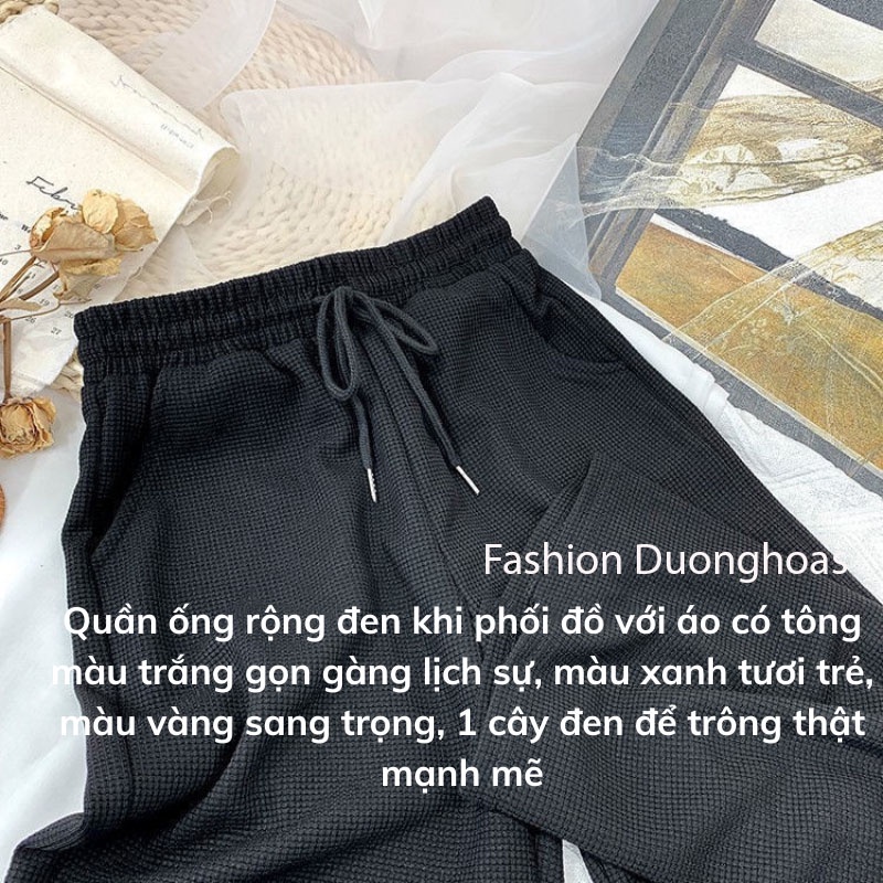Quần ống rộng suông nữ nỉ tổ ong cạp chun có dây rút phong cách Hàn Quốc
