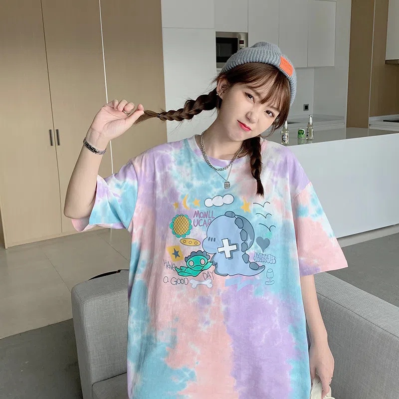 Áo thun PEWARN tay ngắn dáng rộng in họa tiết hoạt hình màu nhuộm phong cách Hàn Quốc thời trang mùa hè cho nữ