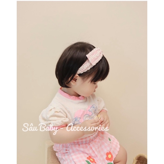 Băng đô turban vải đũi thêu hoa Hàn Quốc cao cấp cho bé