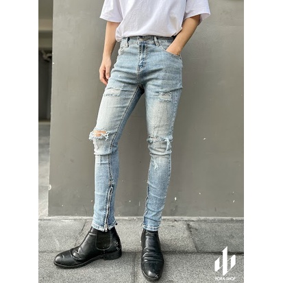 {FREESHIP + VOUCHER 20K} QUẦN JEANS ZIPPER NAM FORM SKINNY MÀU WASH XANH BẠC RÁCH GỐI VẢI DÀY XỊN MỊN (ẢNH THẬT 100%)