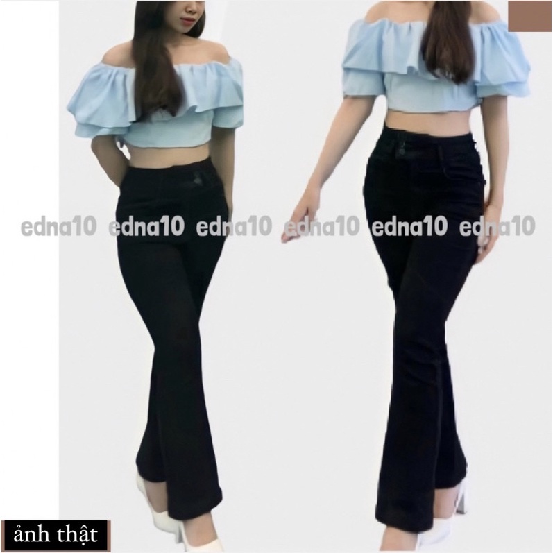 Áo Kiểu Trễ Vai Xanh Tay Ngắn Bèo Dáng Croptop Dún Lưng Co Dãn Kèm Ảnh Thật
