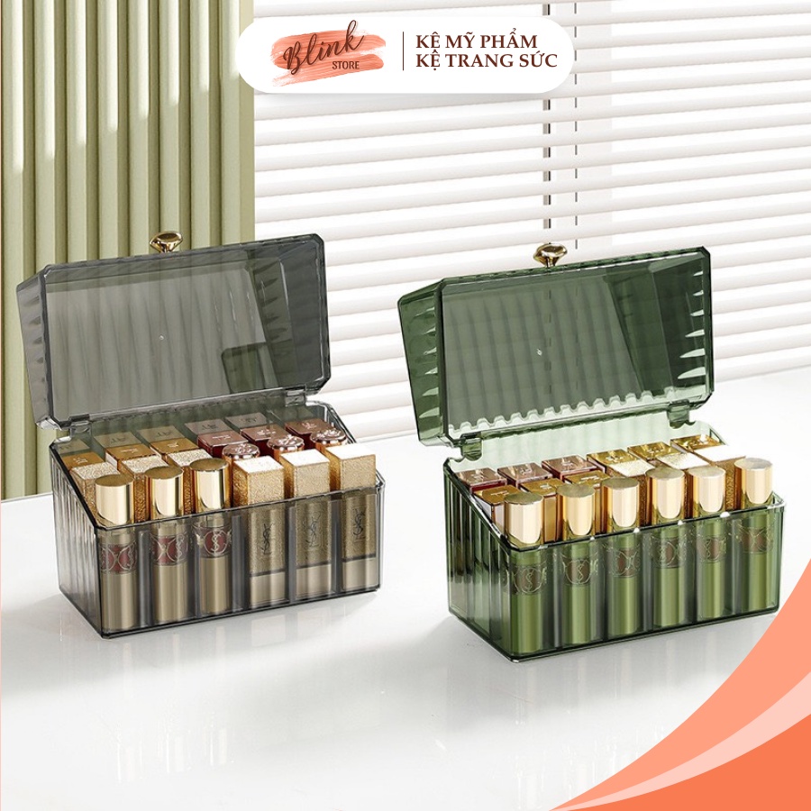 Hộp đựng son có nắp 18 ô hàng cao cấp trong suốt có nắp chống bụi chất liệu mica dày dặn màu sắc hot trend - Blink Store