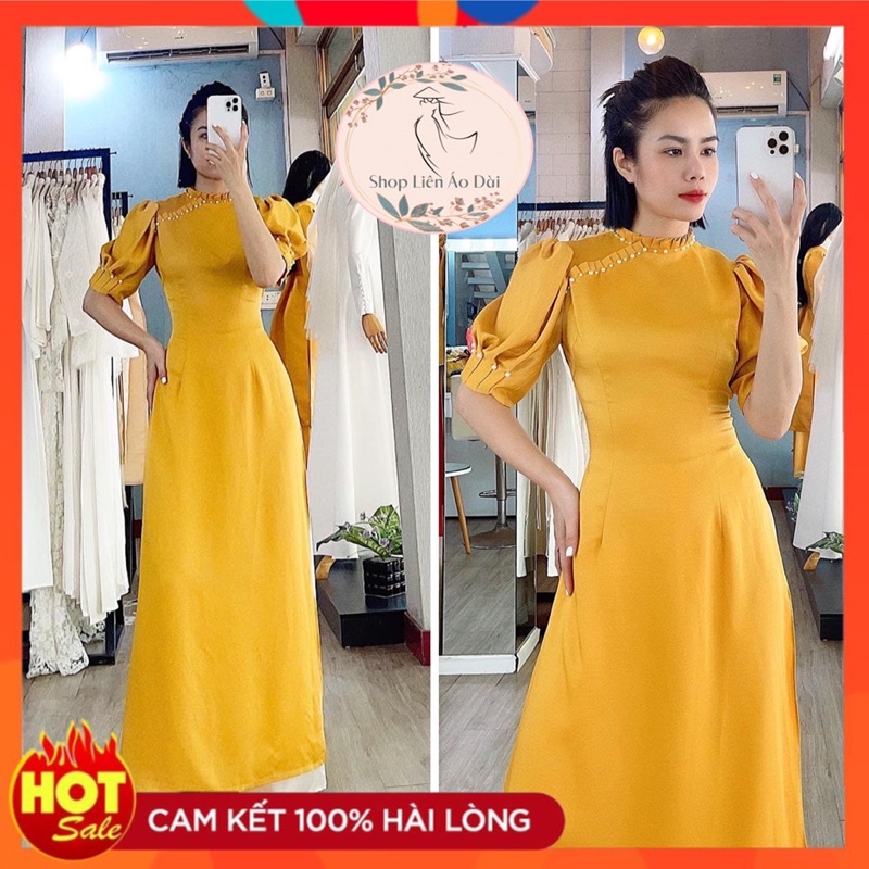 Áo dài cách tân nữ cổ xếp ly tay ngắn bo tay, áo dài thiết kế xếp ly kiểu cách trên phần thân trẻ, áo dài may sẵn