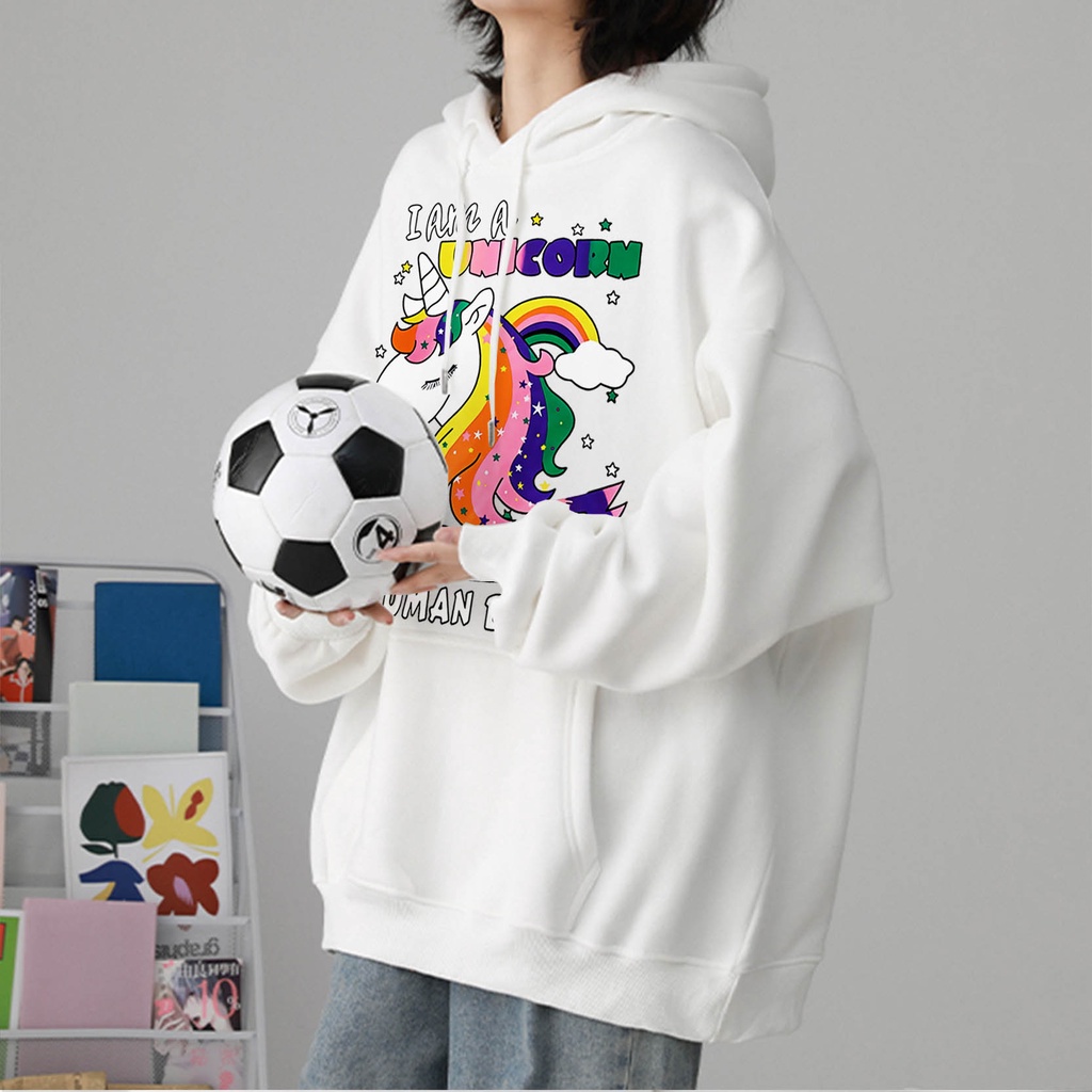 ZHELIHANGFEI Áo Hoodie Dáng Rộng In Hình Kỳ Lân Cầu Vồng Dễ Phối Đồ
