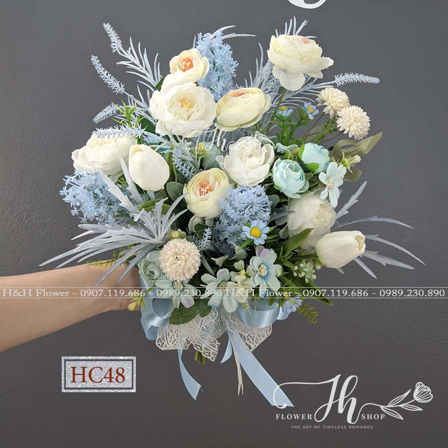 Bó Hoa Cưới Cầm Tay, Bó Hoa Cô Dâu Tone Xanh Xinh Xắn- Hoa Lụa Cao Cấp Giá Rẻ