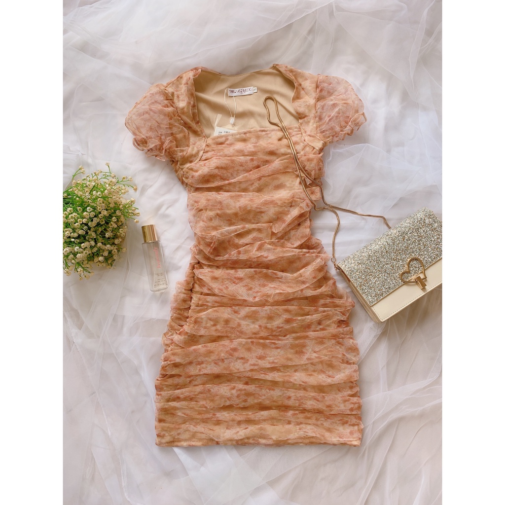 Đầm Body Voan Tay Phồng Nhún Eo Siêu Xinh 🧡Váy Body ôm