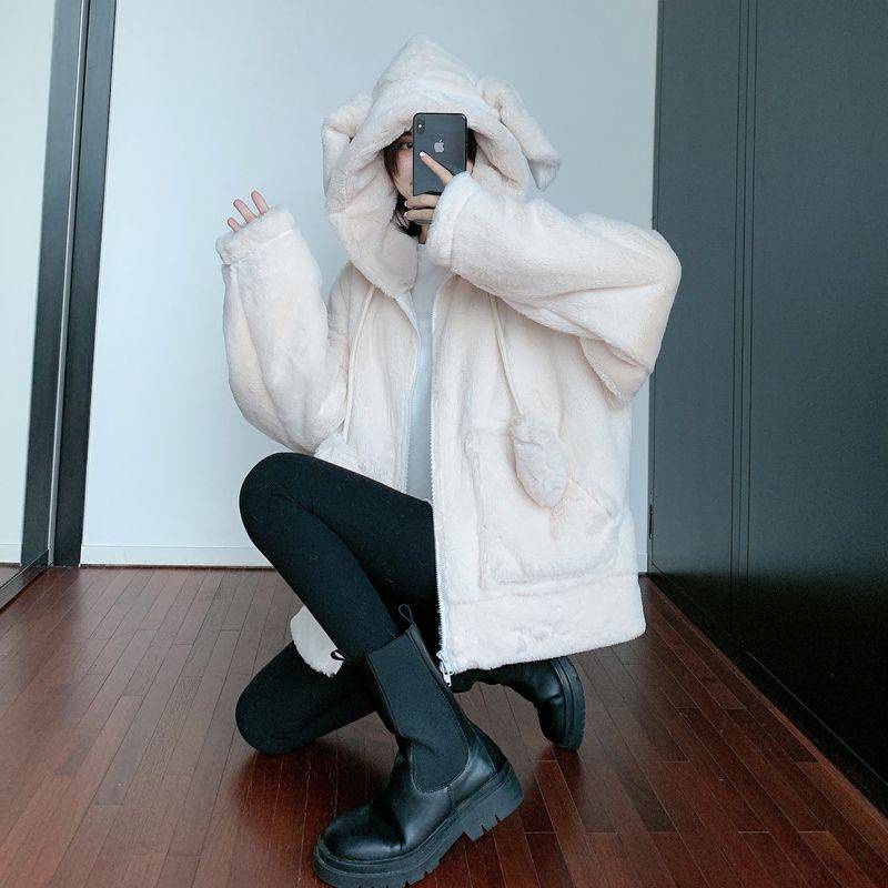 Áo Khoác Lông Tai Thỏ Dễ Thương Cho Nữ