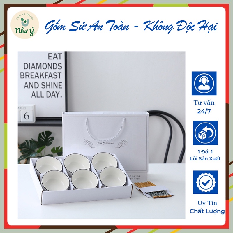 Bộ 6 BÁT ĂN CƠM, CHÉN ĂN CƠM bằng sứ, kèm 6 đôi đũa gỗ đóng hộp sang trọng ( hộp như hình)