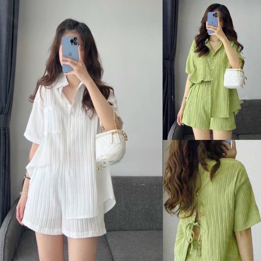 Bộ Áo Sơ Mi Dây Buộc Lưng Quần Short xanh bơ cốm trắng SQ029 Set Quần Đùi Áo Somi Cộc Tay Dáng Thụng Vải Đũi Gân 2 Màu