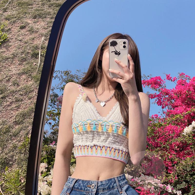 Áo Tank Top Dệt Kim Không Tay Cổ Chữ V Khoét Sâu Phối Tua Rua Phong Cách Bohemian Cho Nữ