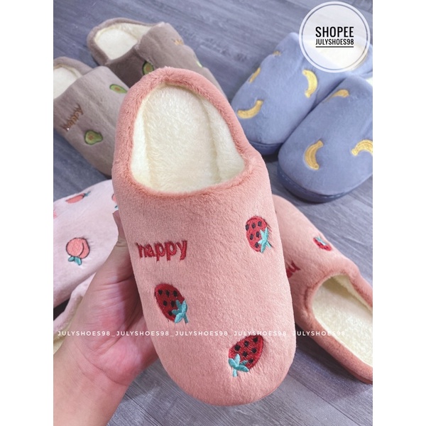 Dép bông đi trong nhà mùa đông đế cao su Dép lông nam nữ thêu họa tiết hoa quả ấm áp