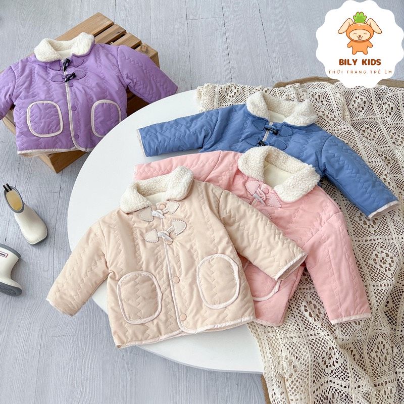 Áo khoác cho bé, áo phao trần bông, áo phao cổ bẻ lông cừu, áo khoác cho bé trai, bé gái kiểu dáng Hàn Quốc Binbokids