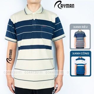 Áo thun trung niên sọc ngang có cổ có túi rayman áo phông cotton màu xanh coban, xanh rêu, kem