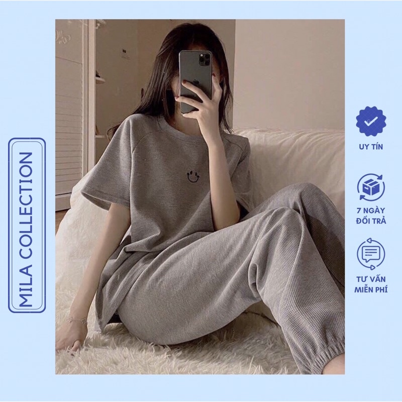 Set bộ đồ Nữ xinh chất tổ ong dầy dặn, Quần Jogger kèm áo thun tay lỡ thêu hình mặt cười siêu dễ thương