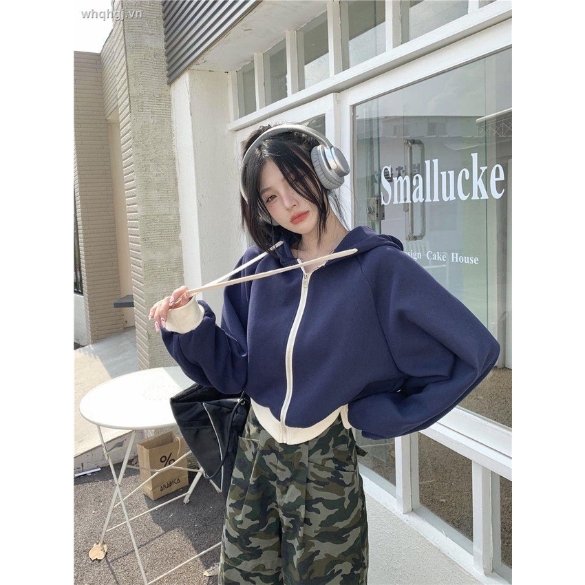 Áo Hoodie Lửng Dáng Rộng Có Khóa Kéo Phong Cách Hàn Quốc Thời Trang Mùa Thu Cho Nữ