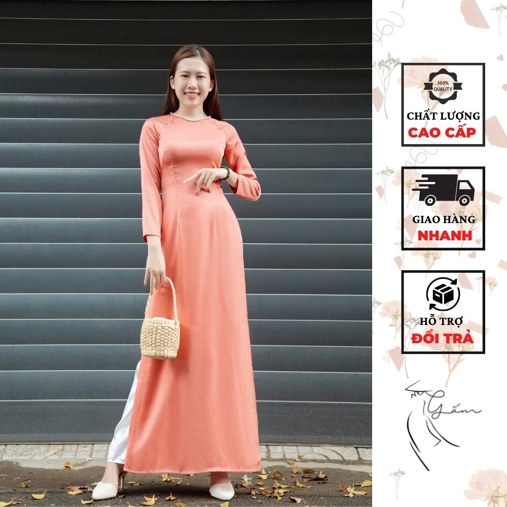 Áo dài màu cam đào thiết kế sẵn chất liệu ngọc trai cao cấp mềm mịn, thủ công tỉ mỉ fullsize đi tiệc, đi lễ, sự kiện