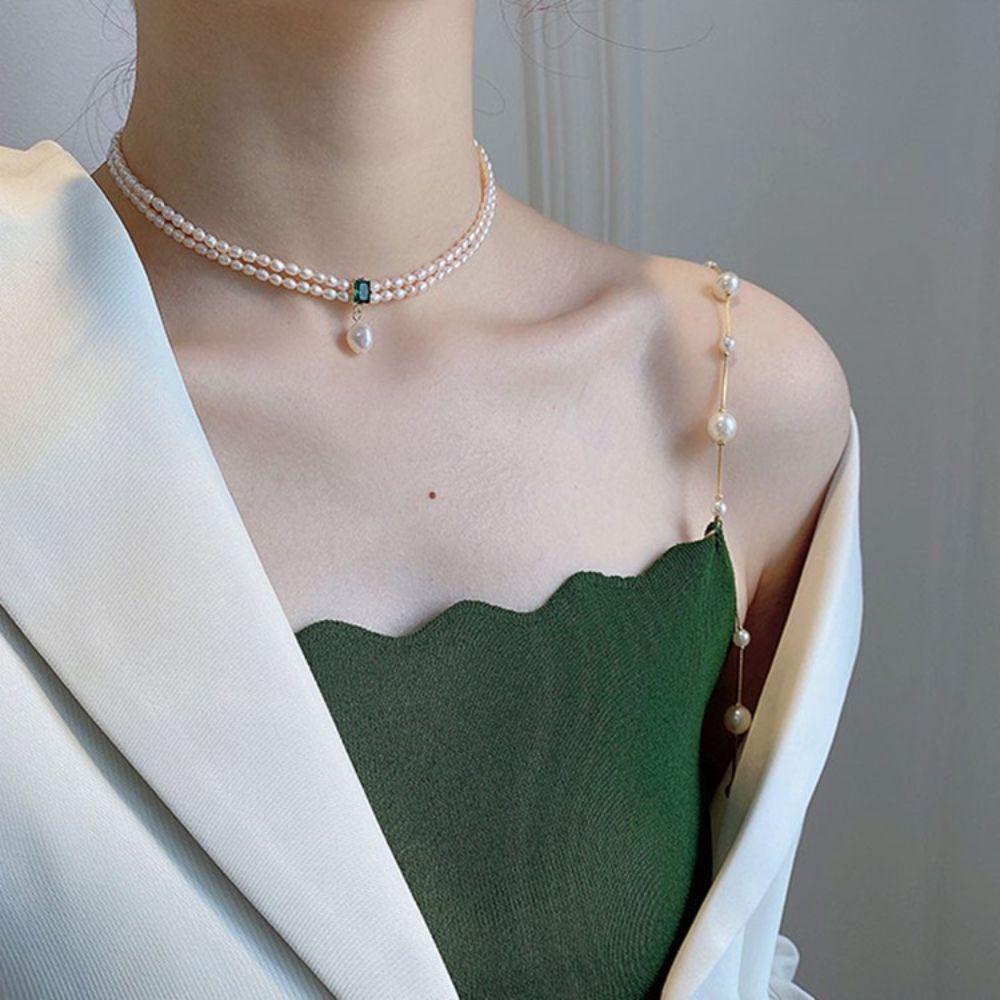 Vanes1 Vòng Cổ Nữ Màu Xanh Lá Cây Thời Trang Thanh Lịch|Vòng Cổ Choker Hai Lớp Đính Hạt Giả Ngọc Trai