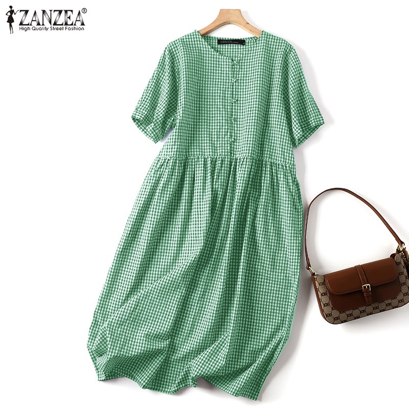 Đầm ZANZEA tay ngắn cổ chữ V dáng rộng họa tiết ca rô thời trang dành cho nữ